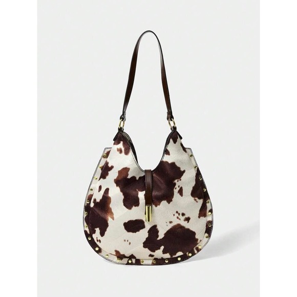 Handbags - Cow Print Faux Hair Studded Shoulder Bag Brown Cream Western Hobo Handbag